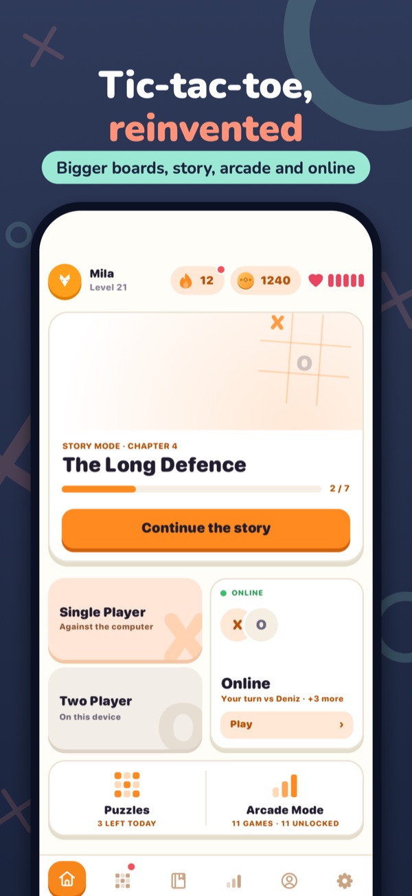 Tic-tac-toe, reinvented — Bigger boards, story, arcade and online
