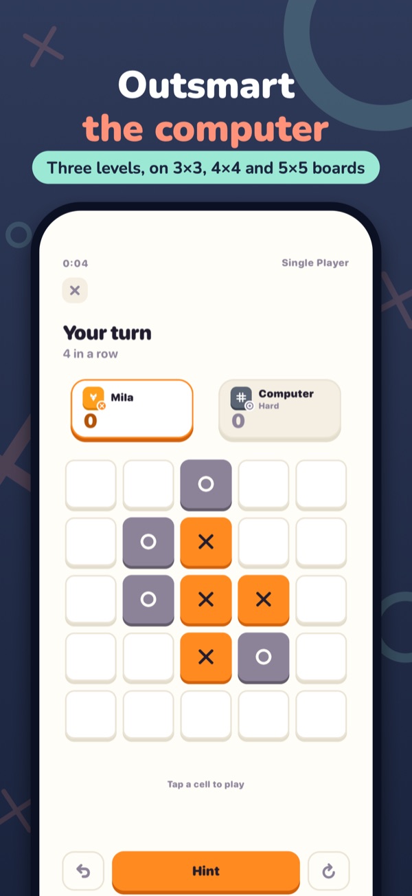 Outsmart the computer — Three levels, on 3×3, 4×4 and 5×5 boards