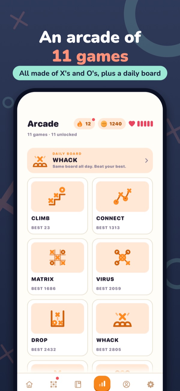 An arcade of 11 games — All made of X's and O's, plus a daily board