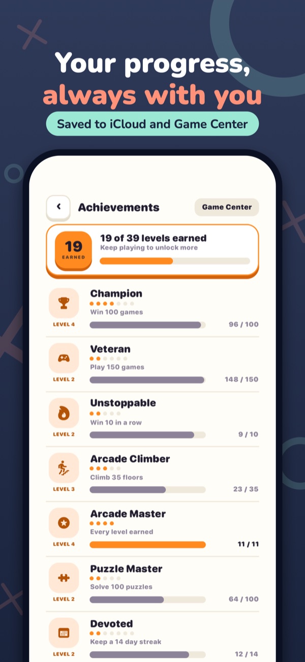Your progress, always with you — Saved to iCloud and Game Center