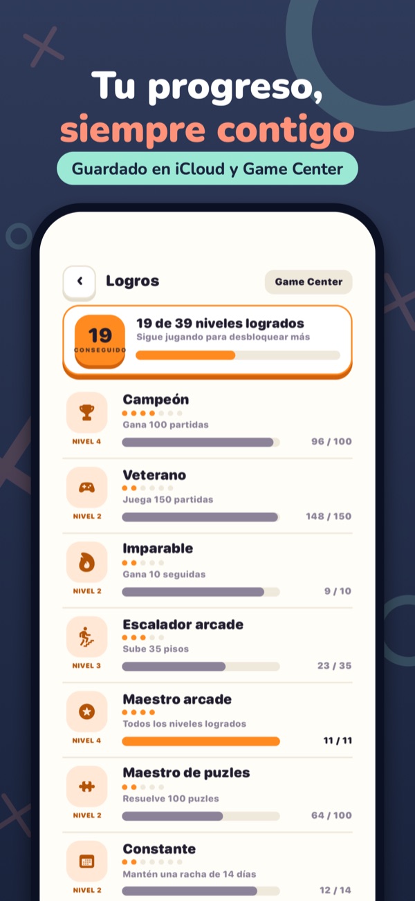 Tu progreso, siempre contigo — Guardado en iCloud y Game Center