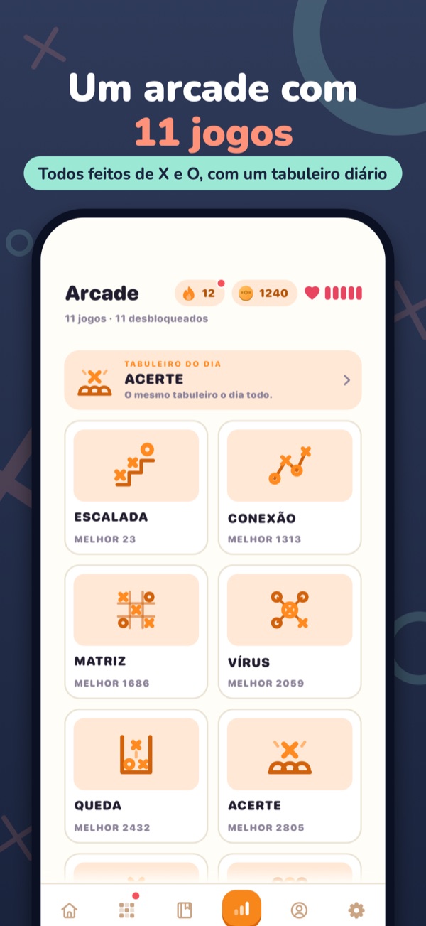 Um arcade com 11 jogos — Todos feitos de X e O, com um tabuleiro diário
