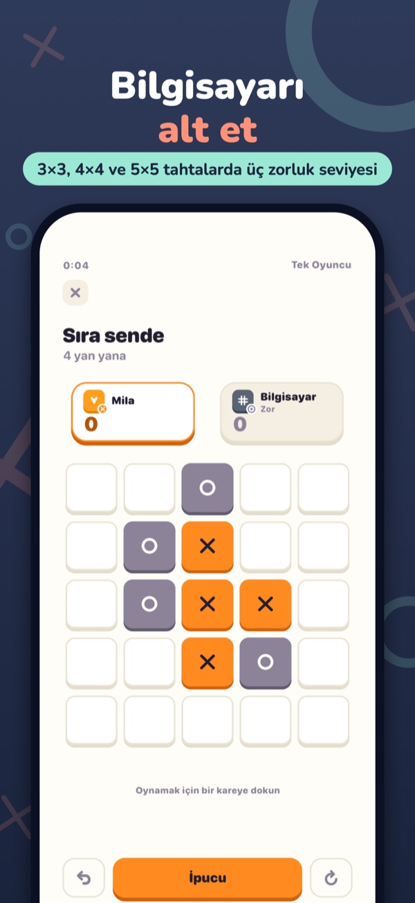 Bilgisayarı alt et — 3×3, 4×4 ve 5×5 tahtalarda üç zorluk seviyesi