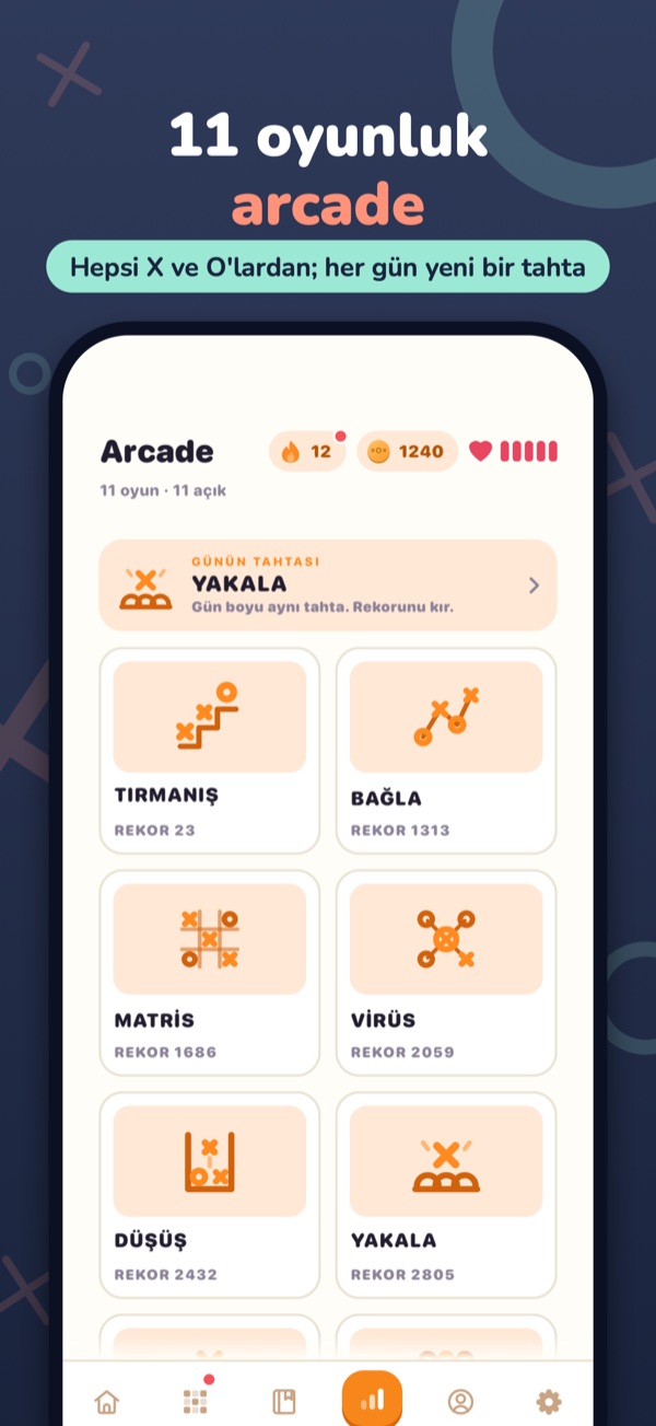 11 oyunluk arcade — Hepsi X ve O'lardan; her gün yeni bir tahta