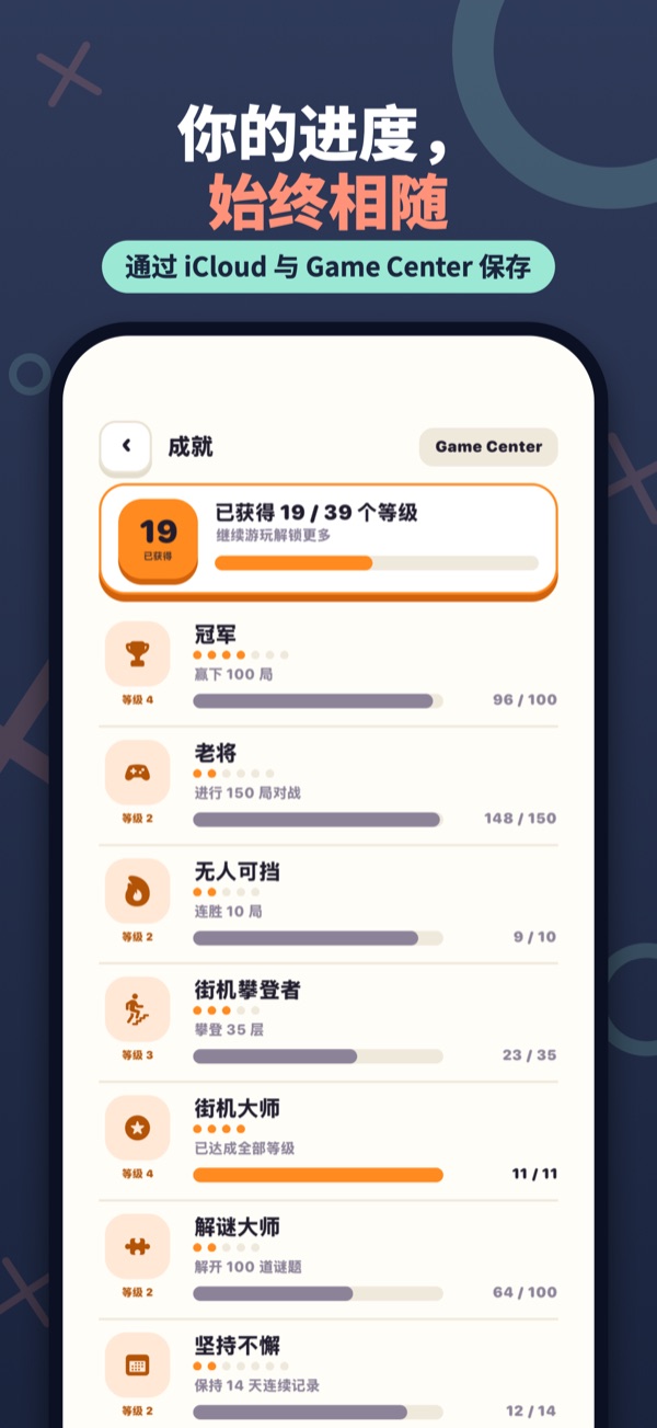 你的进度， 始终相随 — 通过 iCloud 与 Game Center 保存